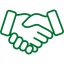 Ikona w kolorze zielonym przedstawiająca zarys dwóch dłoni w uścisku. Symbolizuje współpracę, partnerstwo, porozumienie lub pomyślne zamknięcie transakcji.
