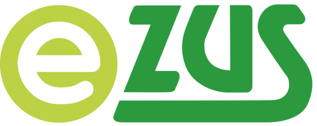 Logo e-ZUS. Duże, stylizowane litery e-ZUS w kolorach jasnozielonym i ciemnozielonym.