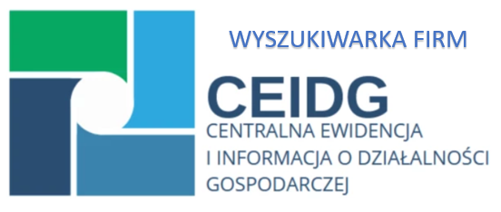 Logo CEIDG (Centralnej Ewidencji i Informacji o Działalności Gospodarczej). Duży, ciemnoniebieski napis CEIDG z pełną nazwą pod spodem. Nad nim mniejszy, niebieski napis: „WYSZUKIWARKA FIRM”. Po lewej symbol graficzny w odcieniach zieleni i niebieskiego.