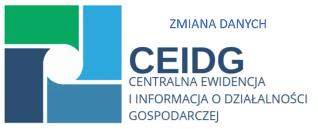 Logo CEIDG (Centralnej Ewidencji i Informacji o Działalności Gospodarczej). Duży, ciemnoniebieski napis CEIDG z pełną nazwą pod spodem. Nad nim mniejszy, niebieski napis: „ZMIANA DANYCH”. Po lewej symbol graficzny w odcieniach zieleni i niebieskiego.