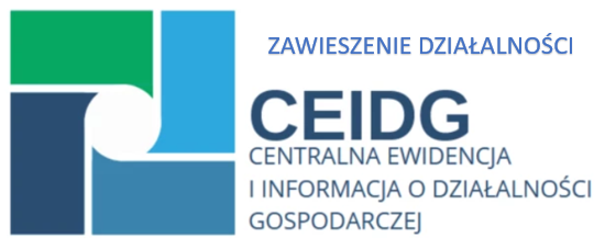 Logo CEIDG (Centralnej Ewidencji i Informacji o Działalności Gospodarczej). Duży, ciemnoniebieski napis CEIDG z pełną nazwą pod spodem. Nad nim mniejszy, niebieski napis: „ZAWIESZENIE DZIAŁALNOŚCI”. Po lewej symbol graficzny w odcieniach zieleni i niebieskiego.