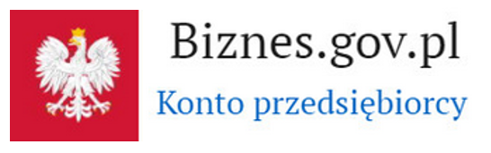 Logo portalu „Biznes.gov.pl”. Po lewej stronie widnieje polskie godło – orzeł biały w koronie na czerwonym tle. Po prawej czarny napis „Biznes.gov.pl” oraz niebieski „Konto przedsiębiorcy”.