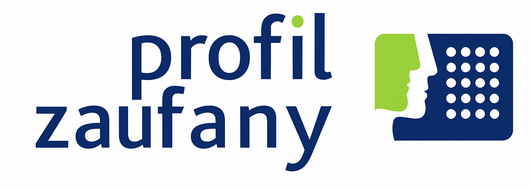 Logo „profil zaufany” w kolorach niebieskim i zielonym. Napis „profil zaufany” jest po lewej stronie, a po prawej znajduje się stylizowana ikona przedstawiająca profil twarzy w ramce z kropkami.